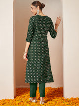 Women's Dark Green Silk Blend Yoke Embroidered Straight Front-slit Kurta Pant Set