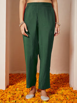 Women's Dark Green Silk Blend Yoke Embroidered Straight Front-slit Kurta Pant Set