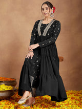 Women's Black Georgette Embellished Foil Printed Front-open Tiered Kurta Pant Set