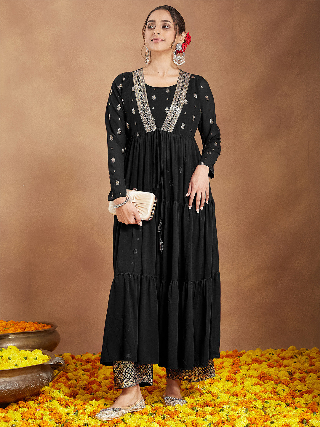 Women's Black Georgette Embellished Foil Printed Front-open Tiered Kurta Pant Set