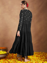 Women's Black Georgette Embellished Foil Printed Front-open Tiered Kurta Pant Set