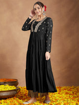 Women's Black Georgette Embellished Foil Printed Front-open Tiered Kurta Pant Set