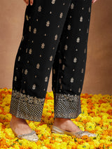 Women's Black Georgette Embellished Foil Printed Front-open Tiered Kurta Pant Set