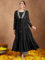 Women's Black Georgette Embellished Foil Printed Front-open Tiered Kurta Pant Set