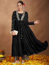 Women's Black Georgette Embellished Foil Printed Front-open Tiered Kurta Pant Set