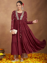 Women's Maroon Georgette Embellished Foil Printed Front-open Tiered Kurta Pant Set