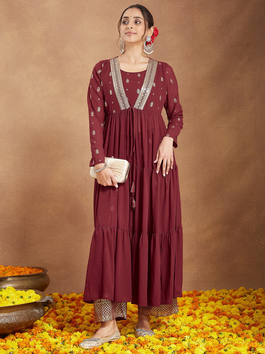 Women's Maroon Georgette Embellished Foil Printed Front-open Tiered Kurta Pant Set