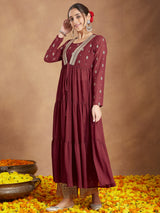 Women's Maroon Georgette Embellished Foil Printed Front-open Tiered Kurta Pant Set