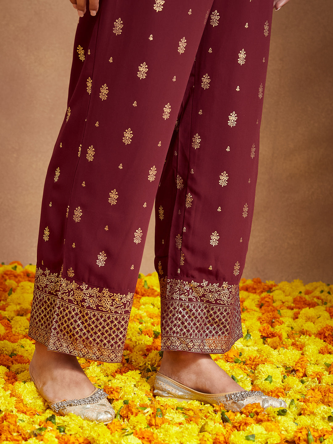 Women's Maroon Georgette Embellished Foil Printed Front-open Tiered Kurta Pant Set
