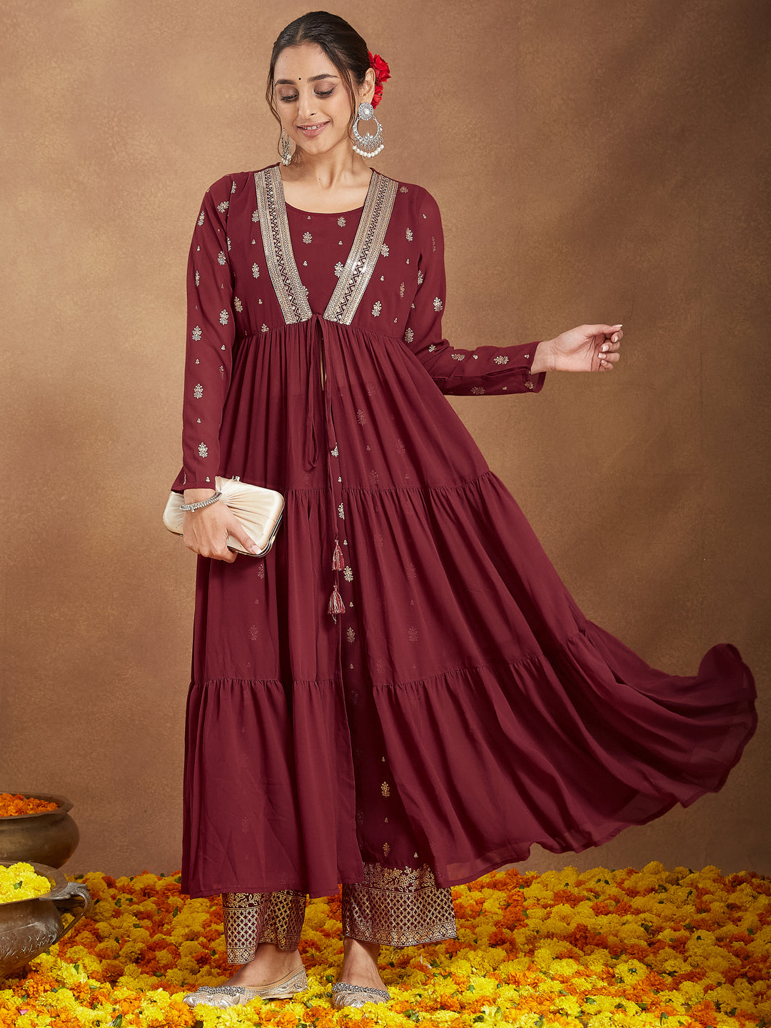 Women's Maroon Georgette Embellished Foil Printed Front-open Tiered Kurta Pant Set