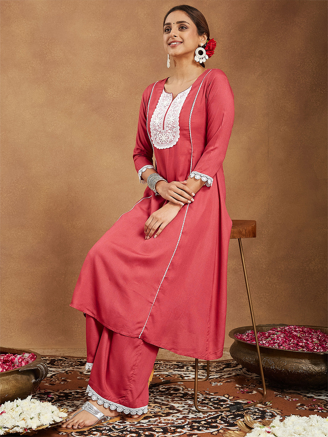 Women's Rust Rayon Yoke Embroidered A-line Kurta With Palazzo Set