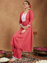 Women's Rust Rayon Yoke Embroidered A-line Kurta With Palazzo Set