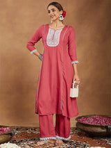 Women's Rust Rayon Yoke Embroidered A-line Kurta With Palazzo Set