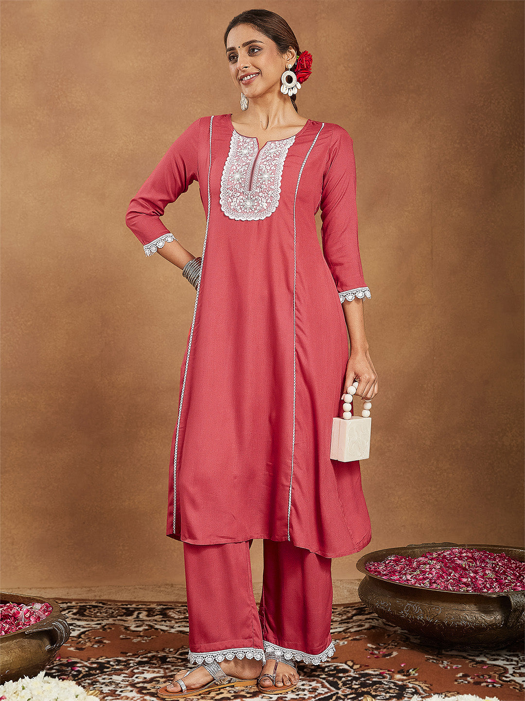 Women's Rust Rayon Yoke Embroidered A-line Kurta With Palazzo Set
