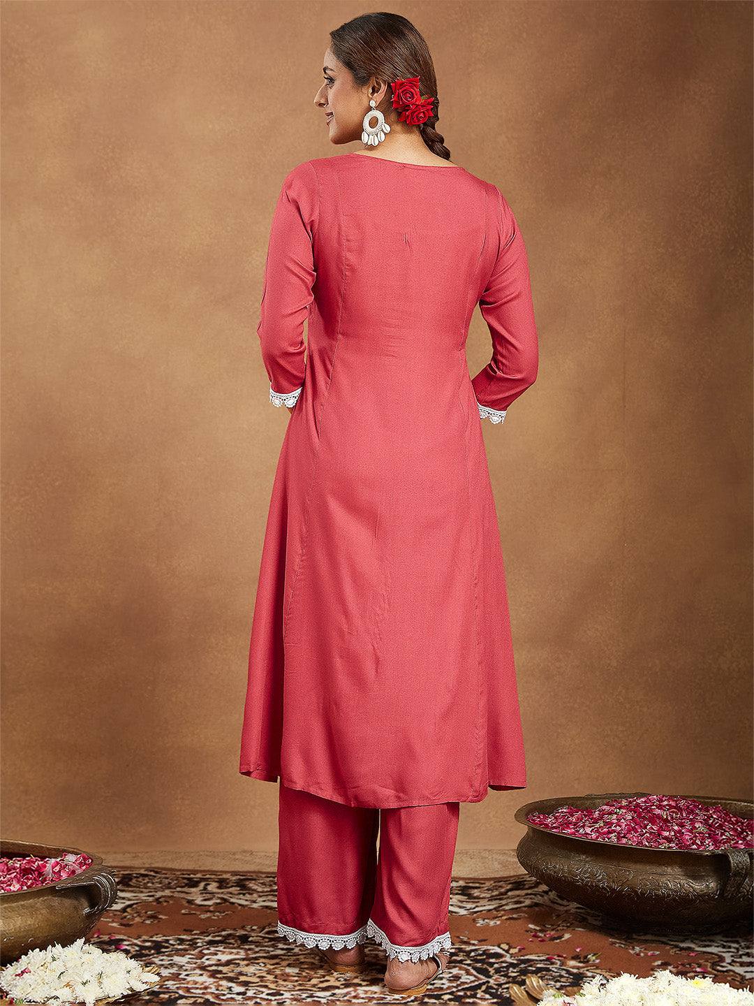 Women's Rust Rayon Yoke Embroidered A-line Kurta With Palazzo Set