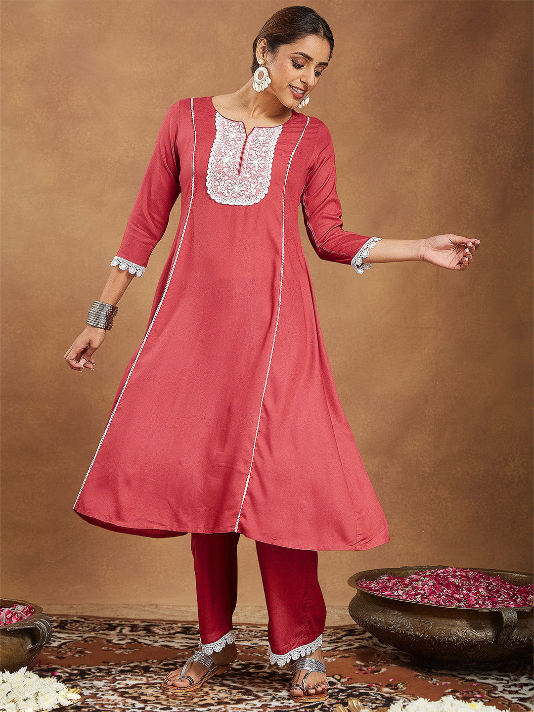 Women's Rust Rayon Yoke Embroidered A-line Kurta With Palazzo Set