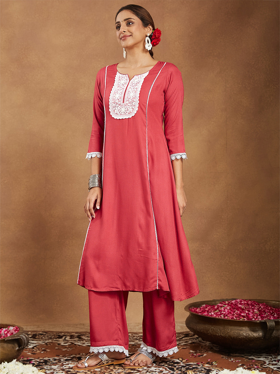 Women's Rust Rayon Yoke Embroidered A-line Kurta With Palazzo Set