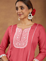 Women's Rust Rayon Yoke Embroidered A-line Kurta With Palazzo Set