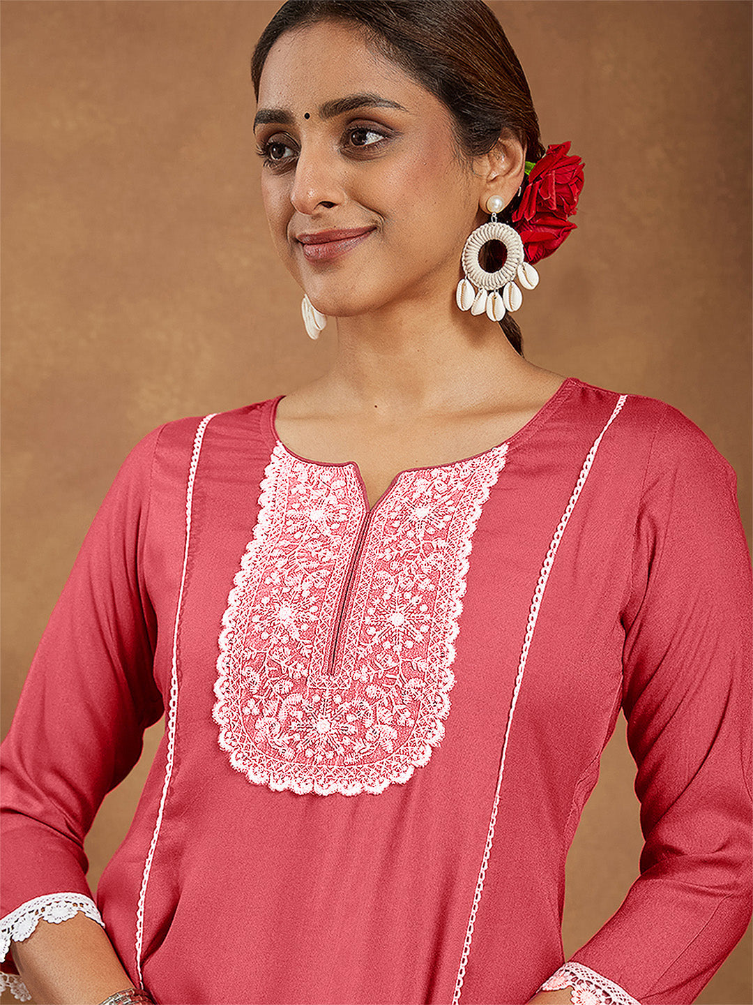 Women's Rust Rayon Yoke Embroidered A-line Kurta With Palazzo Set