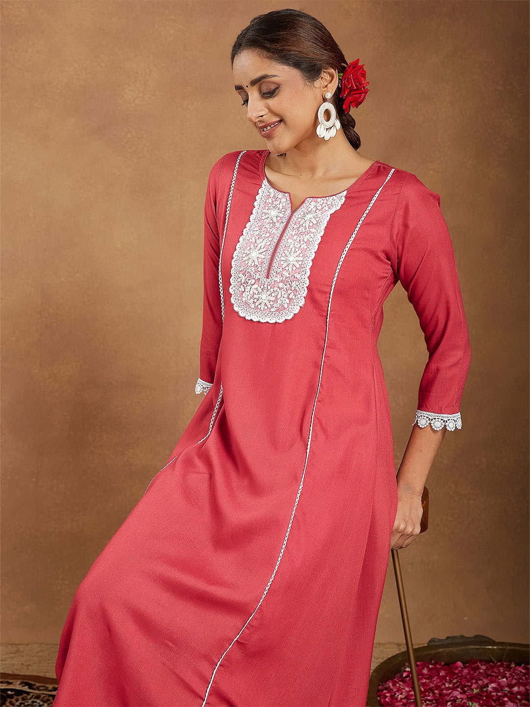 Women's Rust Rayon Yoke Embroidered A-line Kurta With Palazzo Set