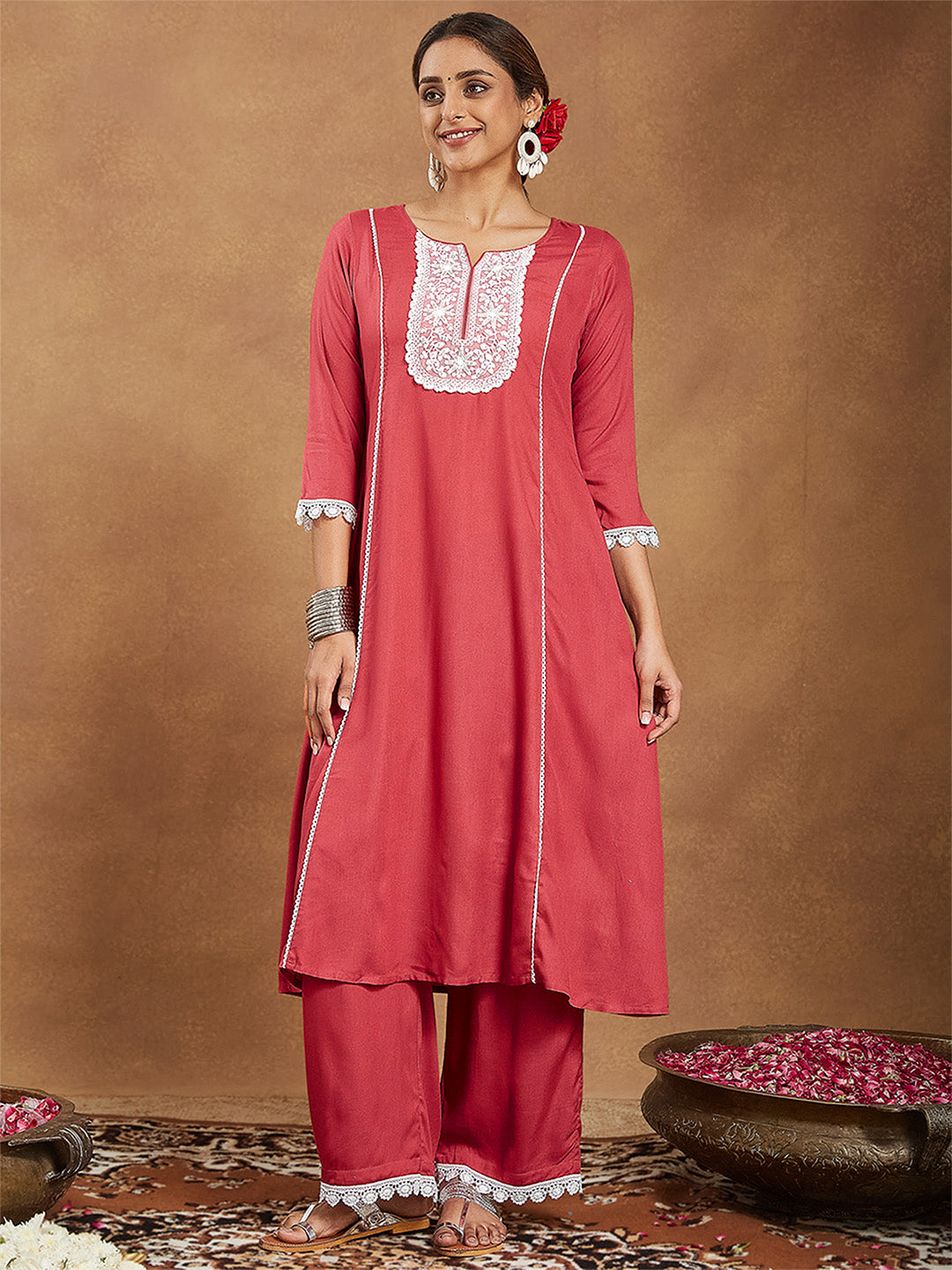 Women's Rust Rayon Yoke Embroidered A-line Kurta With Palazzo Set