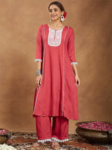 Women's Rust Rayon Yoke Embroidered A-line Kurta With Palazzo Set