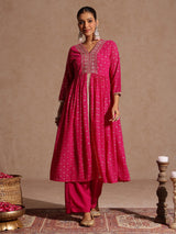 Women's Pink Georgette Foil Printed Embellished A-line Front-open Kurta With Palazzo Set