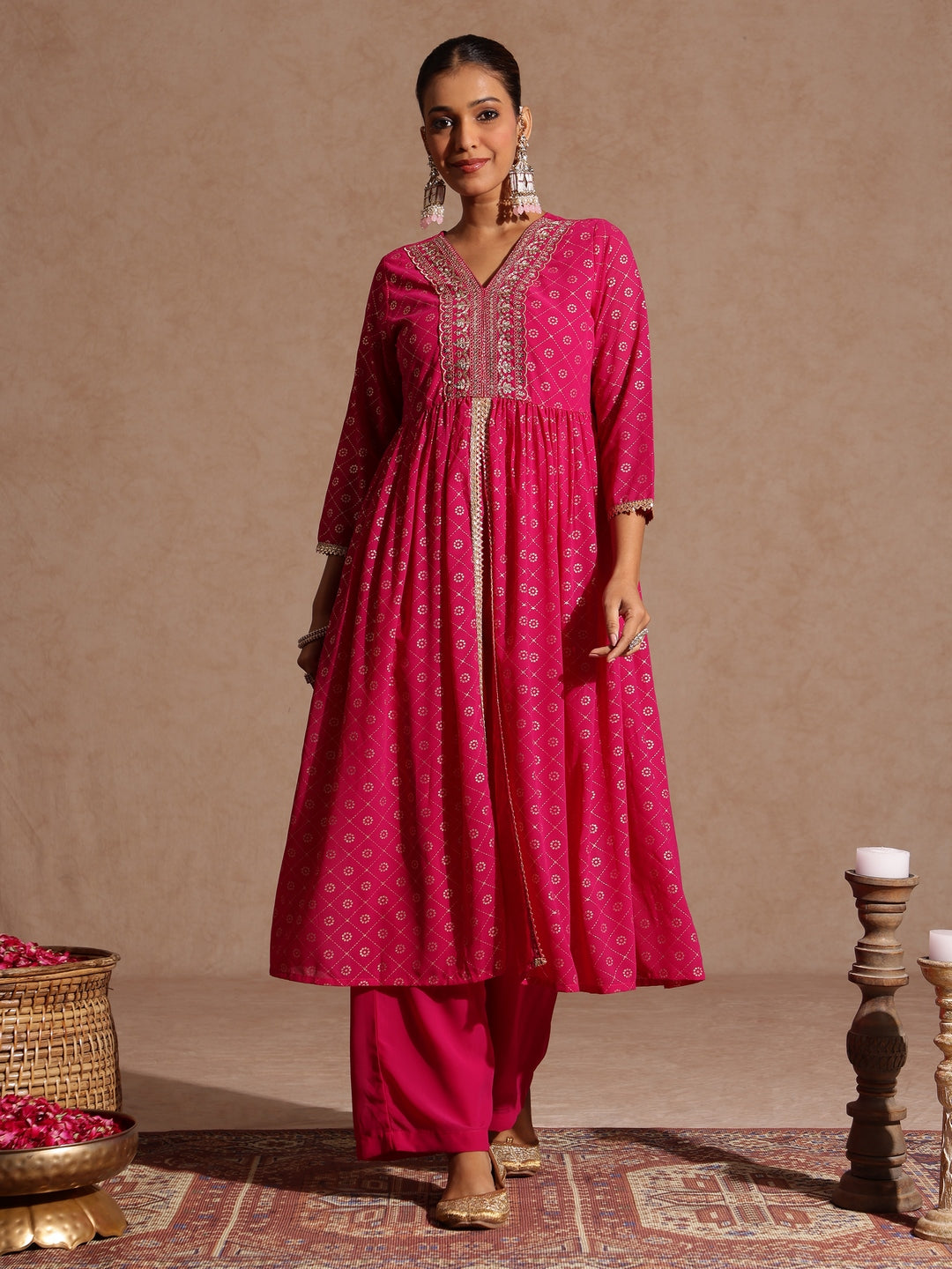 Women's Pink Georgette Foil Printed Embellished A-line Front-open Kurta With Palazzo Set