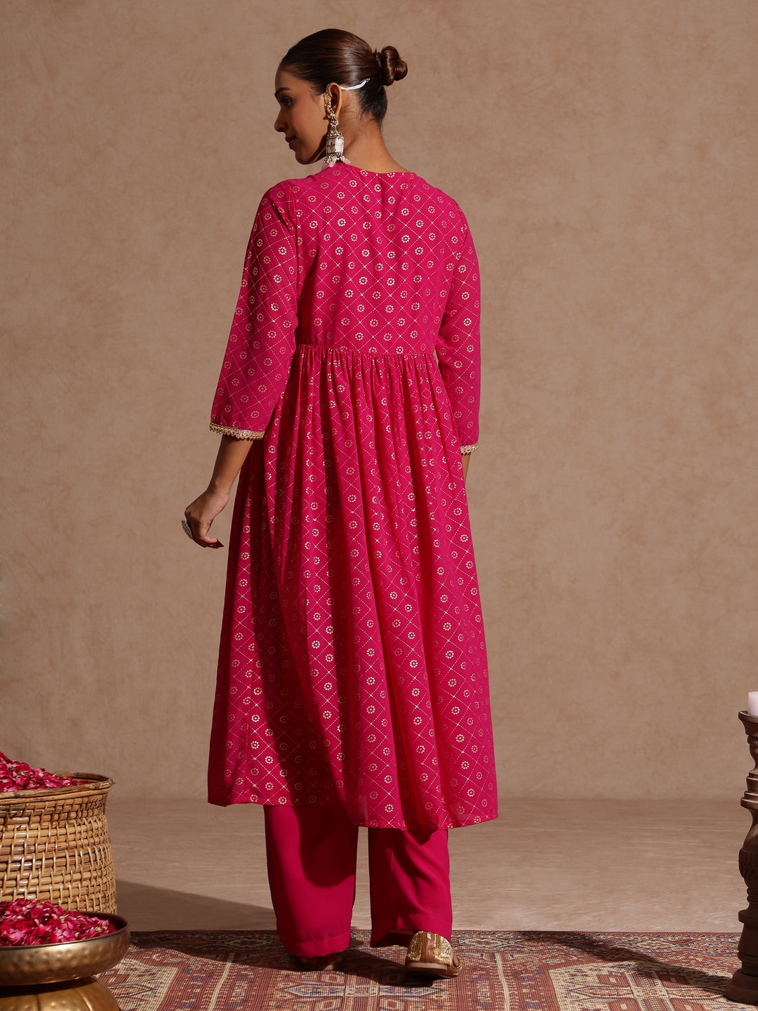 Women's Pink Georgette Foil Printed Embellished A-line Front-open Kurta With Palazzo Set