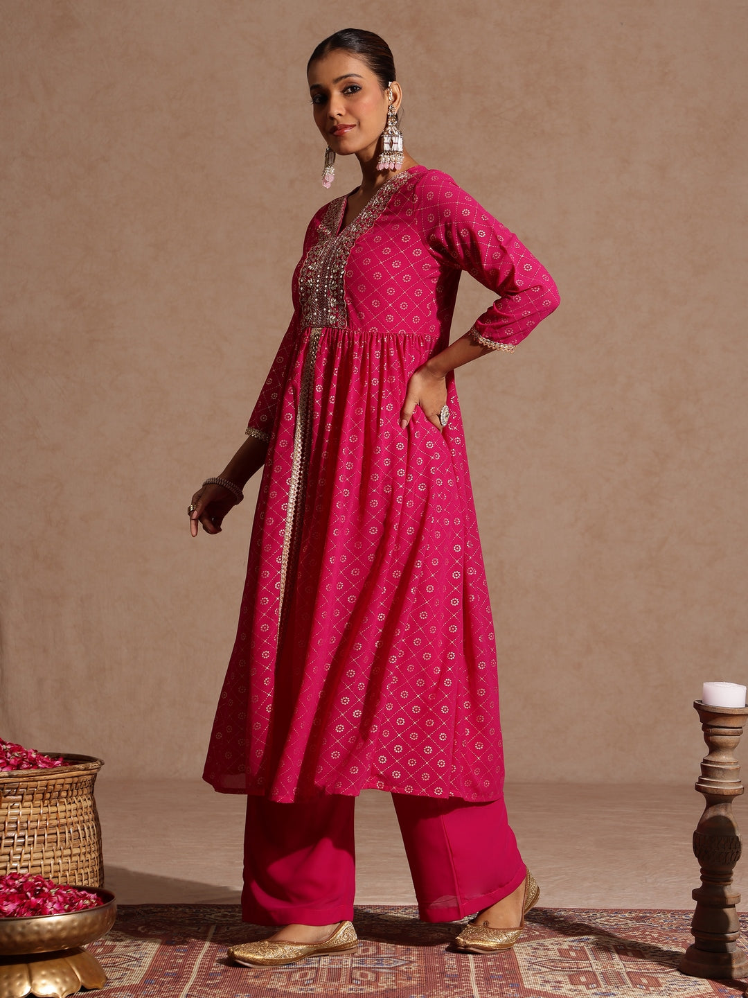 Women's Pink Georgette Foil Printed Embellished A-line Front-open Kurta With Palazzo Set