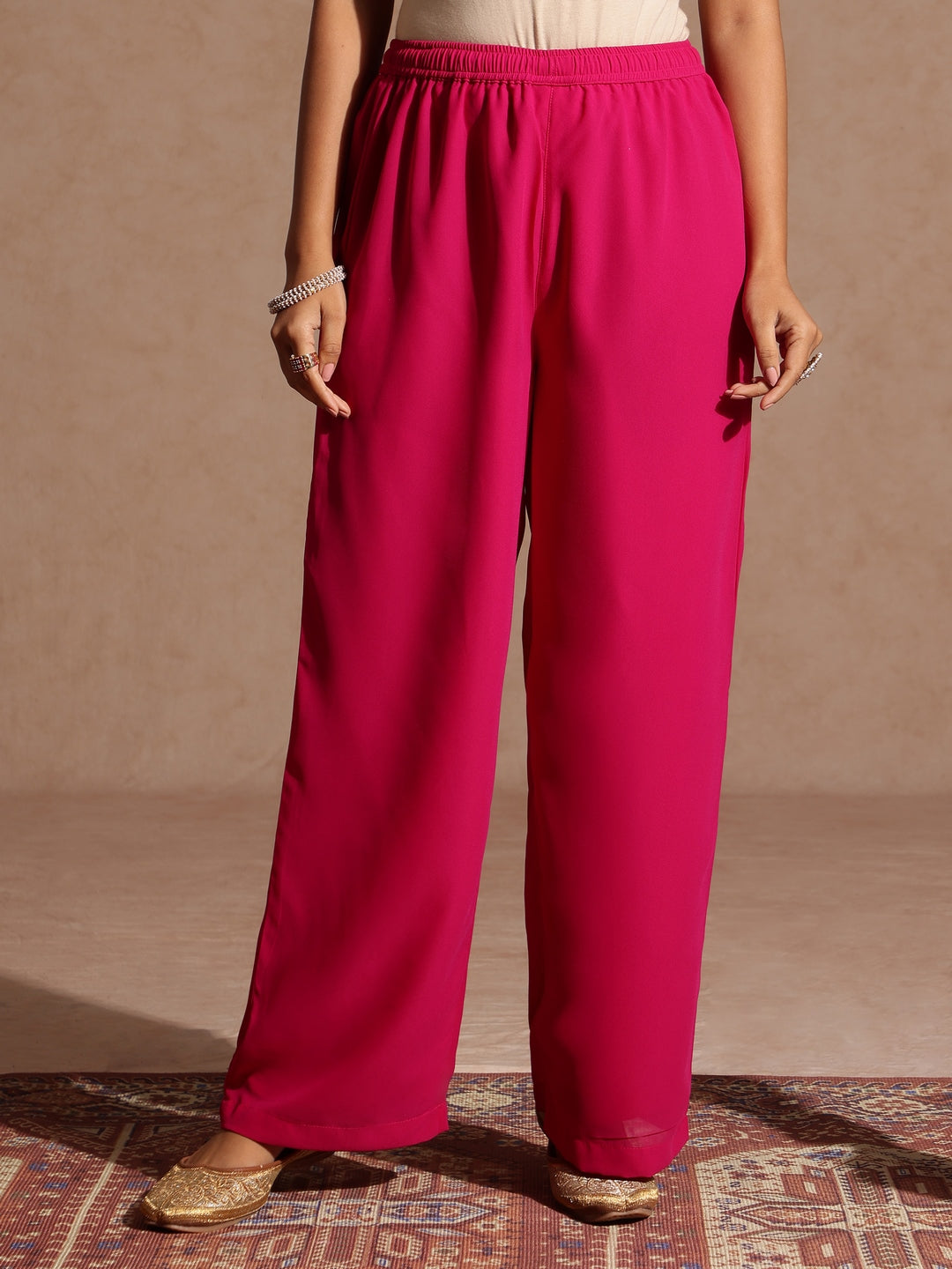 Women's Pink Georgette Foil Printed Embellished A-line Front-open Kurta With Palazzo Set