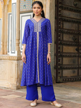 Women's Royal Blue Georgette Foil Printed Embellished A-line Front-slit Kurta With Palazzo Set