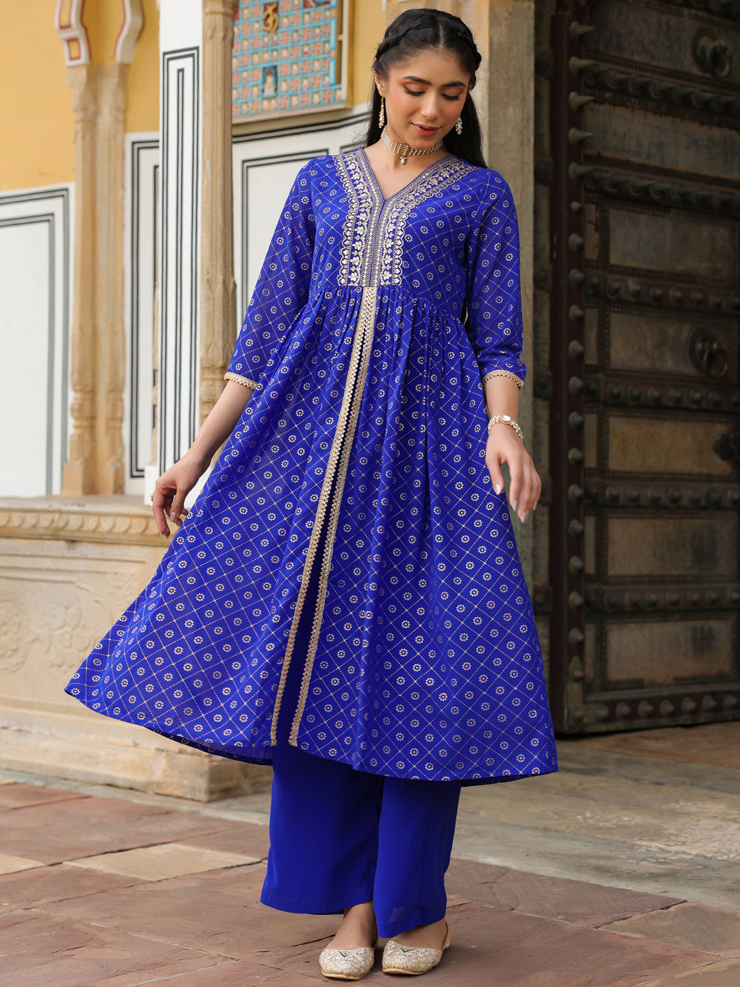 Women's Royal Blue Georgette Foil Printed Embellished A-line Front-slit Kurta With Palazzo Set