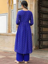 Women's Royal Blue Georgette Foil Printed Embellished A-line Front-slit Kurta With Palazzo Set