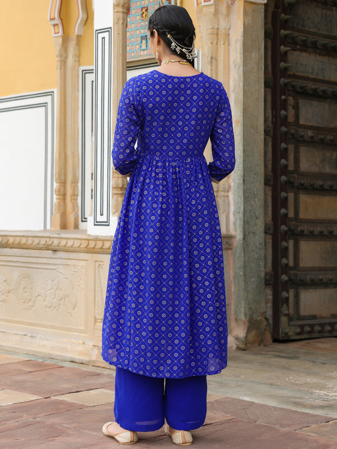 Women's Royal Blue Georgette Foil Printed Embellished A-line Front-slit Kurta With Palazzo Set
