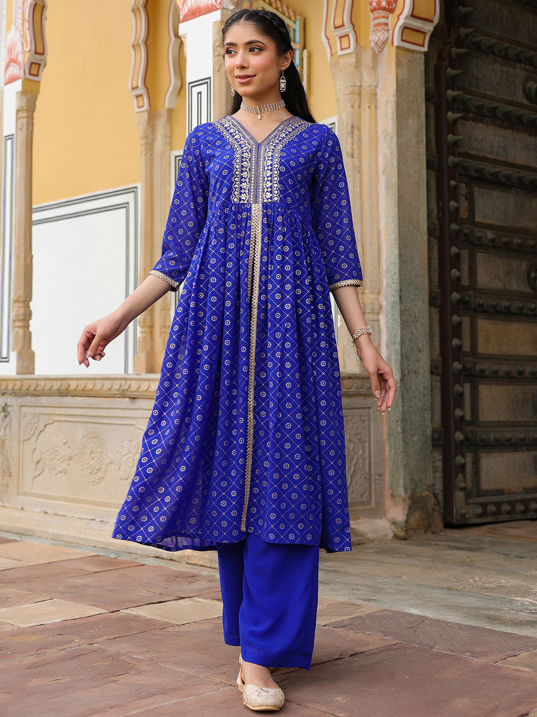 Women's Royal Blue Georgette Foil Printed Embellished A-line Front-slit Kurta With Palazzo Set