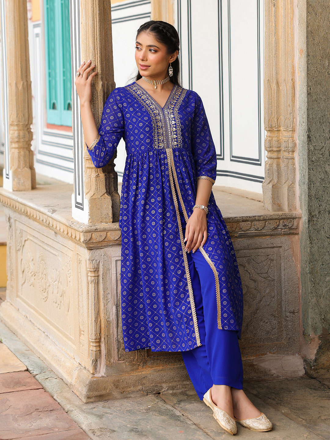 Women's Royal Blue Georgette Foil Printed Embellished A-line Front-slit Kurta With Palazzo Set