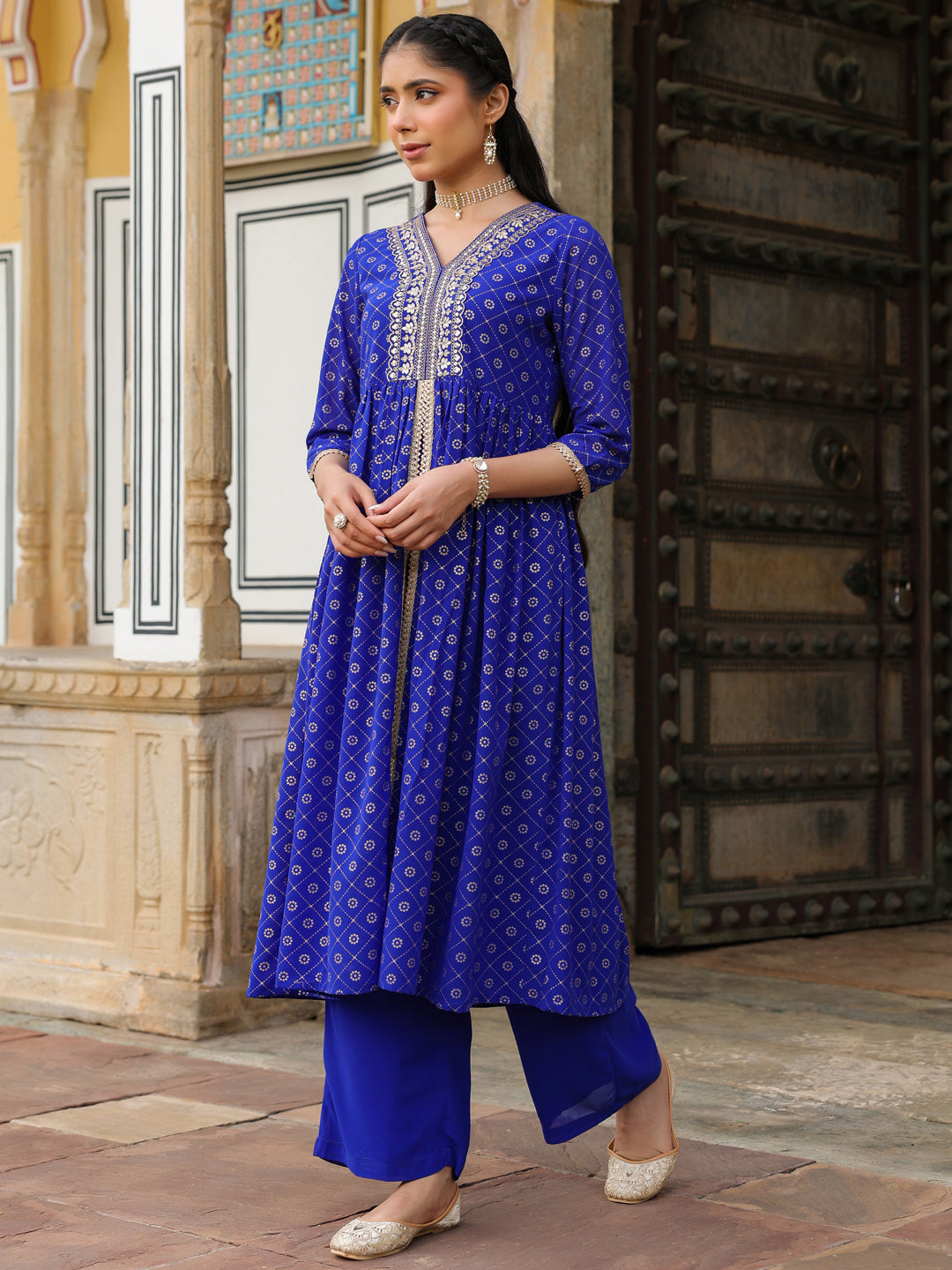 Women's Royal Blue Georgette Foil Printed Embellished A-line Front-slit Kurta With Palazzo Set