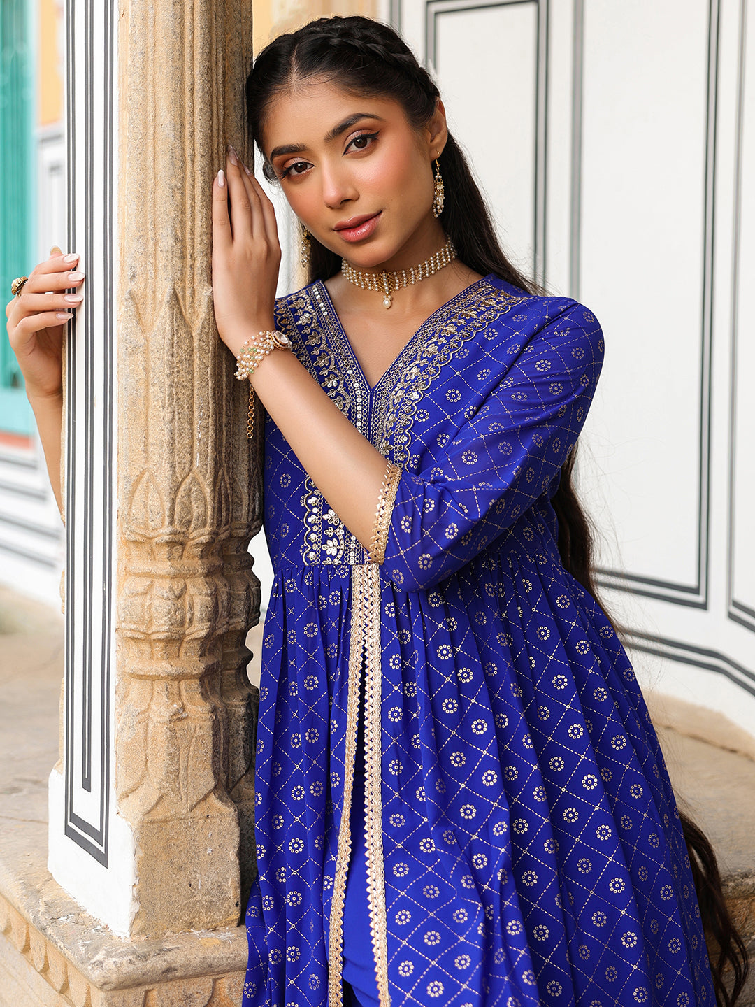 Women's Royal Blue Georgette Foil Printed Embellished A-line Front-slit Kurta With Palazzo Set