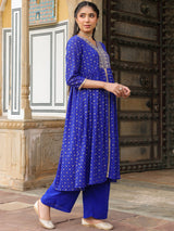 Women's Royal Blue Georgette Foil Printed Embellished A-line Front-slit Kurta With Palazzo Set