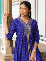 Women's Royal Blue Georgette Foil Printed Embellished A-line Front-slit Kurta With Palazzo Set