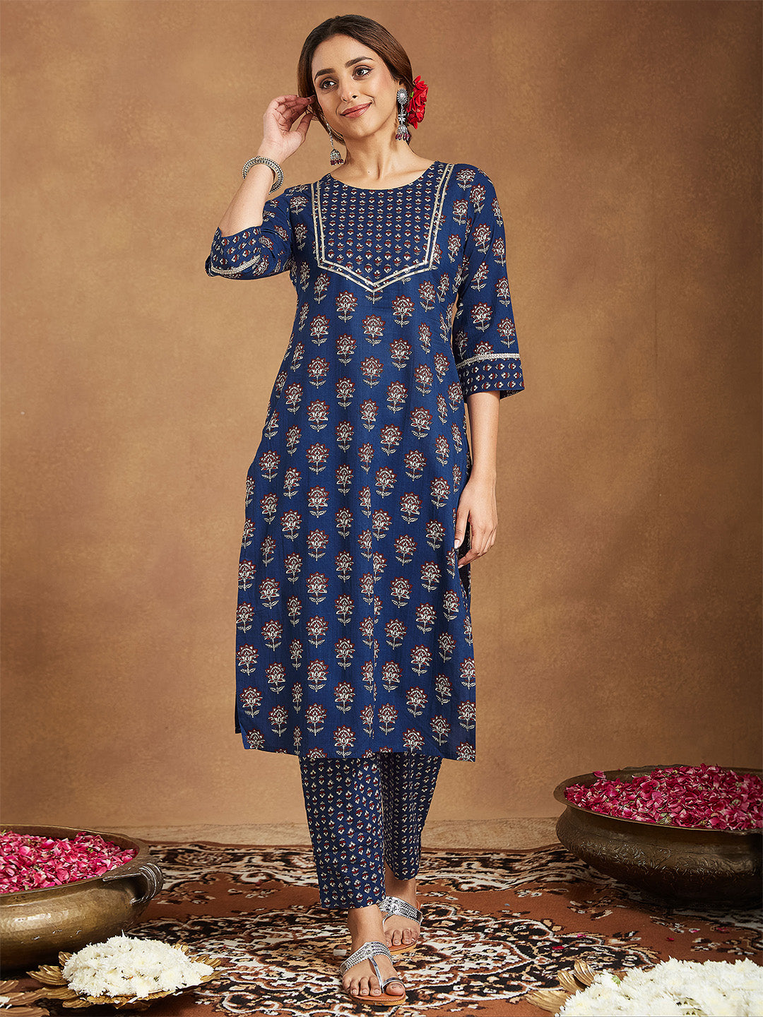 Women's Dark Blue Pure Cotton Floral Printed Straight Kurta Pant Set