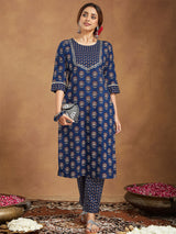 Women's Dark Blue Pure Cotton Floral Printed Straight Kurta Pant Set