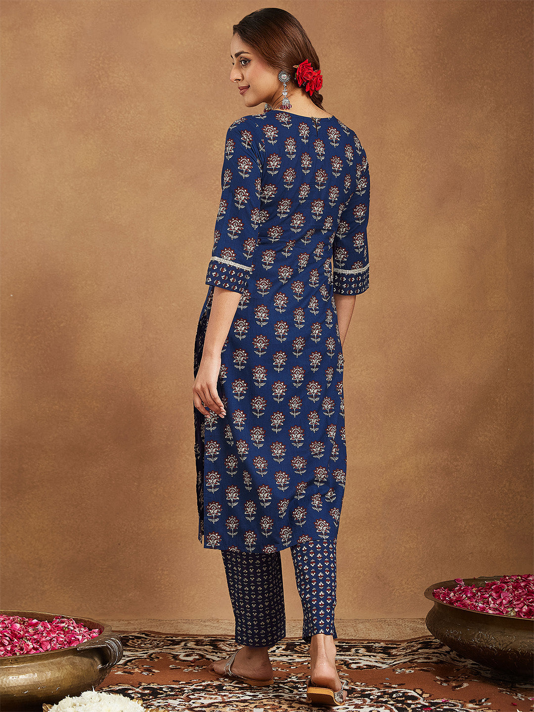Women's Dark Blue Pure Cotton Floral Printed Straight Kurta Pant Set