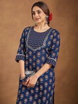 Women's Dark Blue Pure Cotton Floral Printed Straight Kurta Pant Set