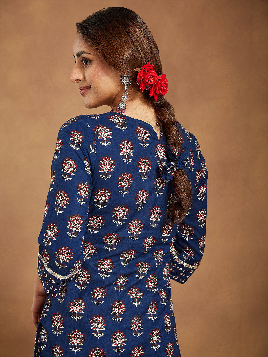 Women's Dark Blue Pure Cotton Floral Printed Straight Kurta Pant Set