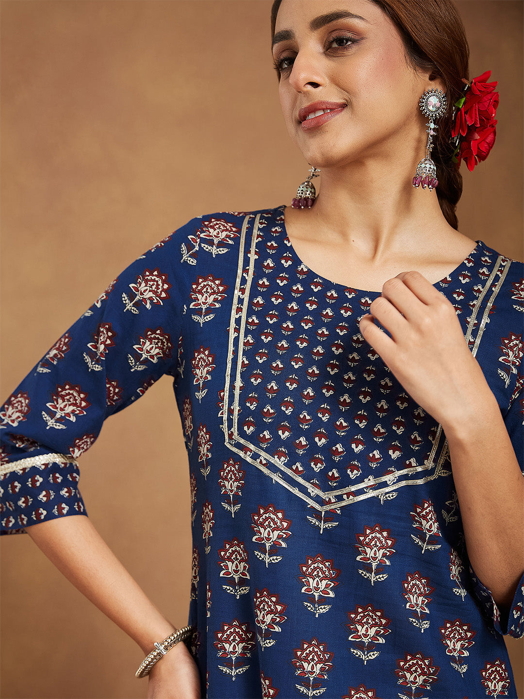 Women's Dark Blue Pure Cotton Floral Printed Straight Kurta Pant Set