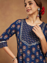 Women's Dark Blue Pure Cotton Floral Printed Straight Kurta Pant Set