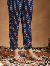 Women's Dark Blue Pure Cotton Floral Printed Straight Kurta Pant Set