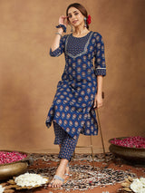 Women's Dark Blue Pure Cotton Floral Printed Straight Kurta Pant Set